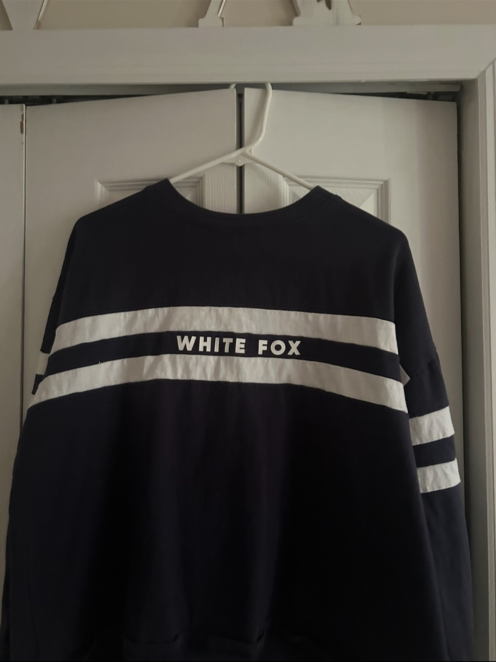White Fox Boutique Navy Crewneck with White Stripes